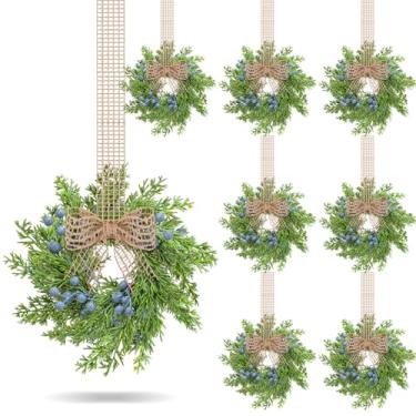 Imagem de VioraWhite 8 peças de guirlanda de armário de Natal vintage pequena artificial de frutas silvestres azuis com fita de serapilheira retrô para casa de fazenda, casa rústica, janela, janela, cadeira de