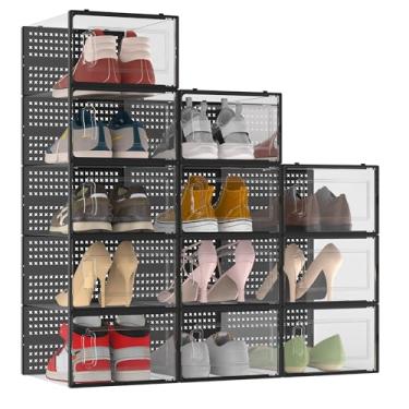 Imagem de Pacote com 12 unidades, 3GG, organizador de armazenamento de sapatos de plástico transparente modular para armário, organizador de armário portátil e armazenamento de tênis, econômico de espaço, preto