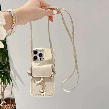 Imagem de Capa de couro com alça de ombro com cordão para iphone 15 14 11 12 13 pro max7 8plus porta cartão, bege, para iphone13 pro max