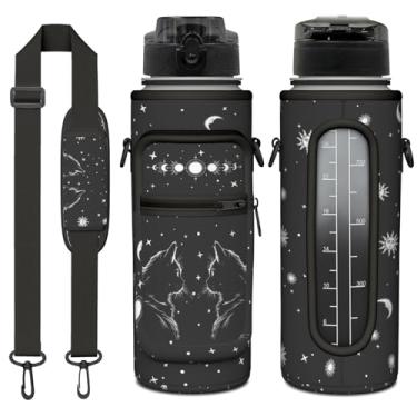 Imagem de Garrafa de água Goth Cat de 1,5 litro com manga - Top sem BPA 946 ml - Marcador de tempo motivacional à prova de vazamento - Presentes góticos para mulheres - Gato gótico de Halloween para presentes