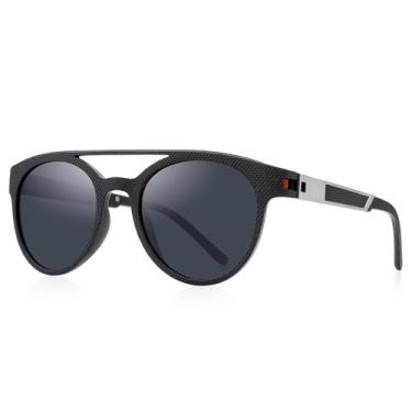 Imagem de Óculos de sol polarizados masculinos leves TR90 armação dupla ponte redonda, Armação preta/lente preta/dobradiça vermelha, Lens Width: 50 Millimeters