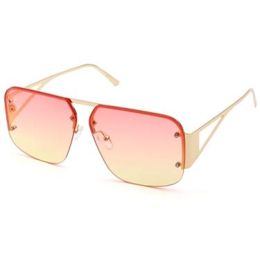 Imagem de Óculos de sol aviador feminino masculino moderno armação sem aro retrô quadrado grande metal, Rosa dégradé amarelo, 60MM
