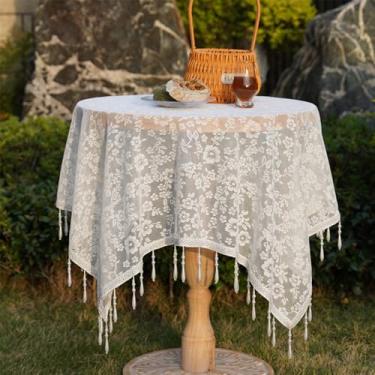 Imagem de Toalha de mesa quadrada de renda pequena bordada floral toalha de mesa de renda rústica com borlas penduradas em contas estilo francês vintage capa de mesa para chá de panela, festa de casamento