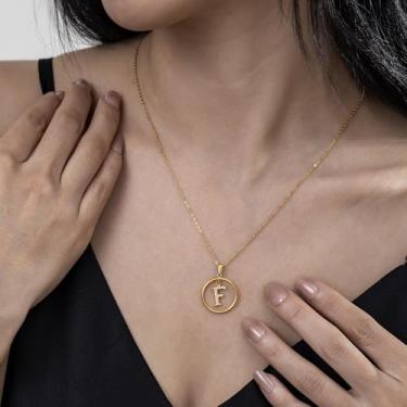 Imagem de Colar de strass com inicial A-Z - Joias delicadas com pingente circular com corrente ajustável, colar de alfabeto personalizado para mulheres,, F, Aço inoxidável, Sem Pedra Preciosa