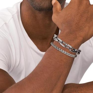 Imagem de Pulseira de prata para homens, conjunto de pulseiras de corrente cubana de aço inoxidável para homens, elos cubanos de prata ajustáveis resistentes para namorado, pai e filho, One Size, Aço inoxidável