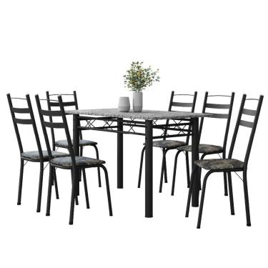 Imagem de Conjunto De Mesa Sala De Jantar Leia Com 6 Cadeiras Tubular Granito 1,40m Artefamol Preto/Flor