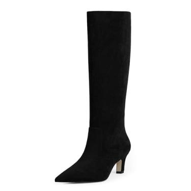 Imagem de Easyfox Botas de cano alto femininas bico fino gatinho salto baixo botas altas couro sintético outono botas longas com zíper lateral, Camurça preta, 39