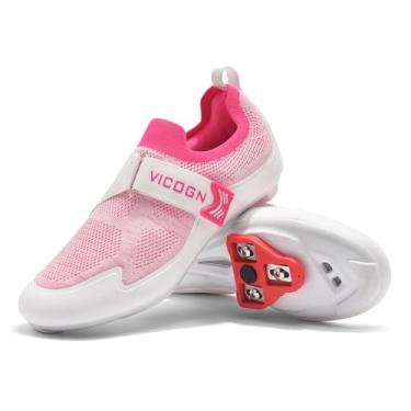 Imagem de Vicogn Tênis masculino feminino de ciclismo compatível com Peloton Bike pré-instalado com Look Delta Cleats Clip em sapatos de bicicleta de estrada ao ar livre (rosa, 39) 39