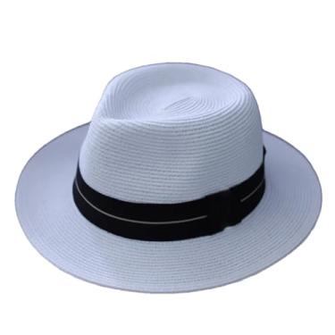 Imagem de Chapéu masculino de verão macio com aba larga para sol de praia proteção UV chapéu de jazz branco preto cabeça grande 58-61 cm