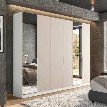 Imagem de Guarda Roupa Roupeiro 6 Portas 4 Gavetas com Espelho Porto Branco Creme Politorno Móveis