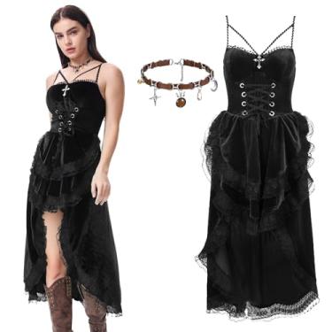 Imagem de EJWCIG Vestido feminino gótico, preto, espartilho gótico, vintage, fada, lolita, fantasia renascentista, cosplay de Halloween, Preto, Large