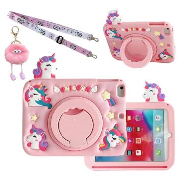 Imagem de Lubiogio Capa 3D de unicórnio fofo para Samsung Galaxy Tab A9 22.1 cm 2023 SM-X110/X115/X117, capa de silicone macio com desenho kawaii, suporte giratório com cordão para crianças, adolescentes