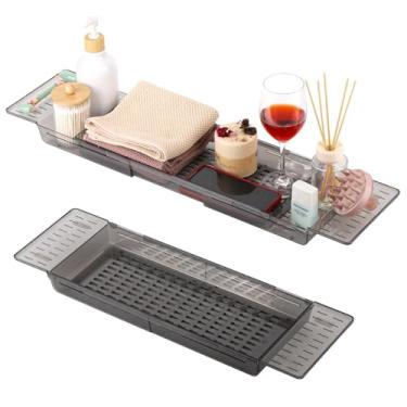 Imagem de Pacote com 2 bandejas de banheira – Bandeja de banho expansível para banheira e mesa de banho, suporte de armazenamento com suporte de livro e copo de vinho, acessórios de banheiro para spa, cinza