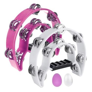 Imagem de Pacote com 2 tambores de percussão de mão de 25,4 cm Half Moon Musical Tambor de Percussão Multicolorido para Adultos, Festa KTV com Alça Ergonômica (Rosa e Branco)