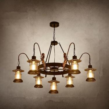 Imagem de Lustre retrô americano com LED, estilo industrial, criativo, para sala de estar, restaurante, quarto, casa de campo, loft, loja de roupas, lan house, bar, luminária pendente (7 lâmpadas)