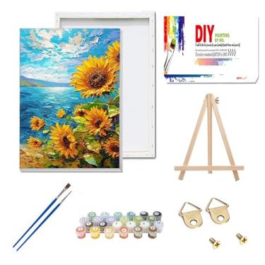 Imagem de Yunruily Kit de pintura por números para adultos com moldura - kits de pintura por números de girassóis, pintura por número para adultos com cavalete de madeira para decoração de parede de casa 20 x