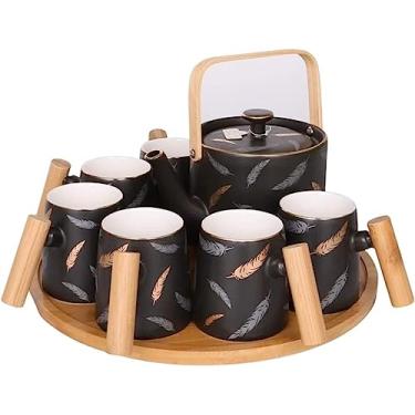 Imagem de Conjunto de chá, chávenas de chá, conjunto de bule de chá, 8 peças, conjunto de chá de porcelana, bule de cerâmica, conjunto de xícaras de café, 6 xícaras, bandeja de servir de bambu, conjunto de
