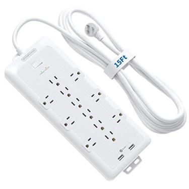 Imagem de 4000 Joules Power Strip Surge Protector, 15 FT Heavy Duty Extension Cord (1875W/15A), 12 Widely Spaced AC Outlets, Overload Protection, Wall Mount, ETL Listed, Ideal for Home, Dorm Essentials, White