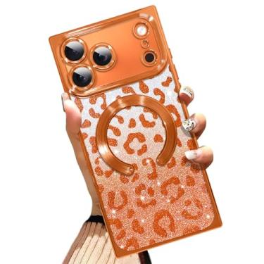 Imagem de AIGOMARA Capa de telefone para iPhone 17 Pro Max de 6,9 polegadas [compatível com MagSafe] Capa de telefone feminina com estampa de leopardo laranja com glitter brilhante à prova de choque resistente