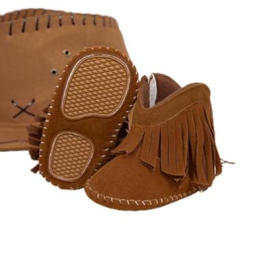 Imagem de Botas para bebês meninos meninas botas infantis caubói borla recém-nascido aconchegante quente botas de inverno antiderrapante sapatos infantis, Marrom com sola de borracha, 12-18 Months Toddler