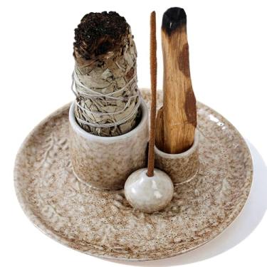 Imagem de Reyife Queimador de incenso 5 em 1, suporte de cerâmica de 15 cm para queimar velas de sálvia Palo Santo e cones de incenso, bandeja coletora de cinzas para decoração de casa de sala de meditação