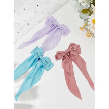 Imagem de 3 peças de laços de cabelo grandes de cetim sedoso, 3 cores, rosa, azul, roxo, grandes laços de cabelo com clipe de liga banhada a platina para mulheres e meninas em festas de casamento, praia