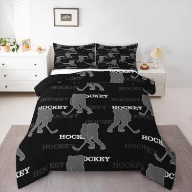 Imagem de Manfei Conjunto de edredom infantil de hóquei no gelo, decoração de quarto de meninas e meninos, edredom moderno para esportes de inverno, conjunto de edredom preto e cinza, 2 fronhas