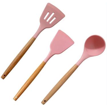 Imagem de Colher de concha de silicone com cabo de madeira, utensílios de cozinha antiaderentes grandes resistentes ao calor para cozinhar, mexer, servir sopas