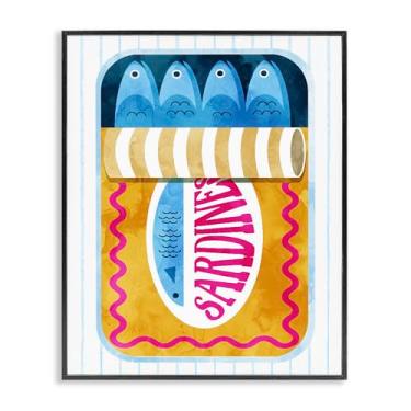 Imagem de Stupell Industries Arte giclée emoldurada preta em lata de sardinha amarela sobre listras, design de Daphne Polselli, 35,5 x 28,5 cm