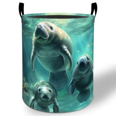 Imagem de Cesto de roupa suja peixe-boi, 50 cm x 40 cm, balde de armazenamento de roupas Oxford dobrável para quarto, banheiro, quarto, berçário, organizador de brinquedos, presentes para crianças, meninos