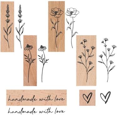 Imagem de LXUEJIE Conjunto de 6 carimbos de borracha vintage de madeira, flores e plantas, montados em madeira, para artesanato, álbuns, pintura, cartas, diário, ensino e cartões