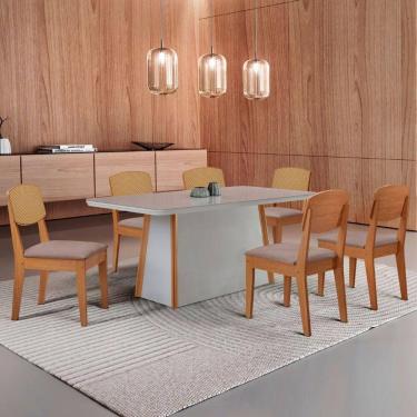 Imagem de Mesa Jantar Diane 180cm Tampo Mdf Vidro 6 Cadeiras Copper Prem Moderna Linho Capuccino Off White Serigrafia
