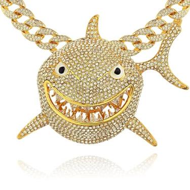 Imagem de ICEDTAG Conjunto de joias com pingente de luxo banhado a ouro branco 14 k Full Icy Iced Big Shark Big Celebrity Big Shark e elos cubanos de 45 a 61 cm, Extra Large, Zinco, Zircônia cúbica