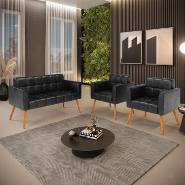 Imagem de Kit 1 Sofá Namoradeira e 2 Poltronas Elisa Corano Preto Pés Palito Castanho D03 - D'Rossi