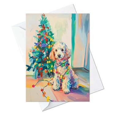 Imagem de Poodle White Cartões comemorativos emaranhados em luzes de Natal - Cartões com envelopes - (conjunto de 10) Grande 14,7 x 21,1 cm Cartão Dobrado Cartões de Notas em Branco Natal 7 (Macarrão Branco