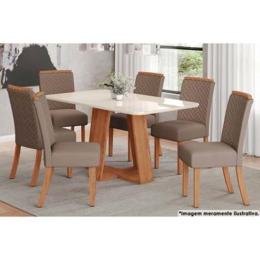 Imagem de Sala de Jantar Completa Lins c/ Tampo Madeirado c/ Vidro Curvo 160x90cm e 6 Cadeiras Malu Nature/Marrom Amêndoa - Henn