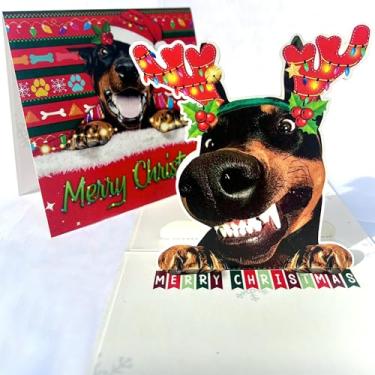 Imagem de Doberman Pinscher Cartão Pop Up de Natal – Cartão comemorativo 3D com cachorro Doberman brincalhão com chifres de rena festivos, perfeito para amantes de cães, vale-presente de Natal exclusivo para