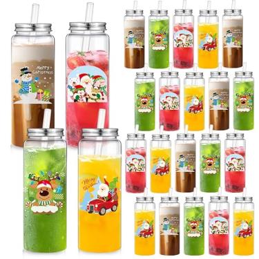 Imagem de Skylety 24 peças de copos de plástico para presentes de Natal a granel 500 ml grande fofo Papai Noel boneco de neve copos de beber com tampas e canudos, copo fino de acrílico reutilizável para