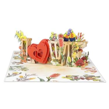 Imagem de TaNoTool Cartões pop-up 3D LOVE com flor engraçada acácia dourada, papagaios e mistura floral presente de cartão para homens, mulheres, esposa, namorada, marido, aniversário, casamento, Natal