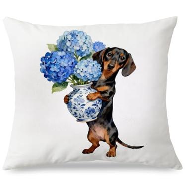 Imagem de Exqcom Capas de almofada Blue Chinoiserie Hydrangea Dachshund 18 x 18, presentes para amantes de dachshund, Grandmillennial Cottagecore azul e branco floral Weiner capas de almofada para casa, sala de