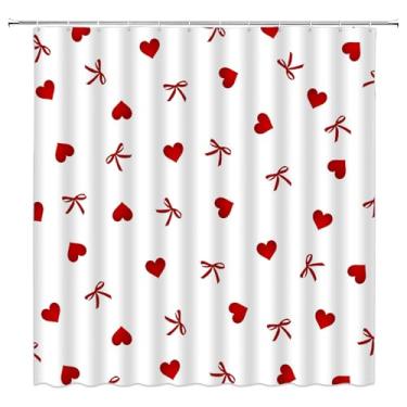 Imagem de ZKJSMGS Cortina de chuveiro com laço de coração, cortina de banheiro moderna vermelha para dia dos namorados com ganchos, 187 x 178 cm