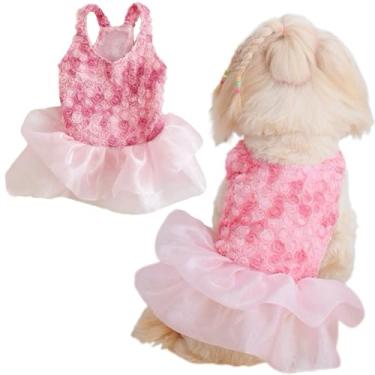 Imagem de Yaopelky Vestido de casamento para cães pequenos com flor de rosa e gato, vestido de tule para cachorrinho, saia tutu para gatos, fantasia de animal de estimação para roupas Yorkie Teddy Chihuahua