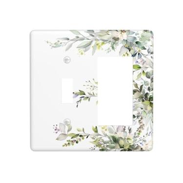 Imagem de VGHOKO Capas de tomada decorativas com folhas de eucalipto de vegetação minimalista e design floral branco, placa de parede de 2 gangues 1 gang, interruptor único/balancim para decoração de quarto