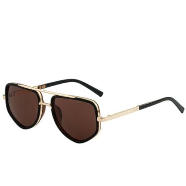 Imagem de JRLLFD Óculos de sol vintage clássico com ponte dupla irregular feminino luxo masculino direção UV400 (dourado marrom)