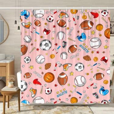 Imagem de JAWO Cortina de chuveiro esportiva para crianças, adolescentes, basquete, futebol, beisebol, hóquei, estrela, rosa, decoração de banheiro esportiva, conjunto de cortina de chuveiro de beisebol de