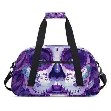 Imagem de Bolsa esportiva personalizada feminina psicodélica com flor roxa com nome, bolsa de festa do pijama, bolsa de fim de semana, bolsa de treino para dança, balé, academia, ginástica, bagagem de viagem