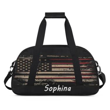 Imagem de Bolsa esportiva personalizada com bandeira retrô americana com nome, bolsa de dormir personalizada, bolsa de fim de semana, bolsa de treino para dança, balé, academia, ginástica, mala, viagem