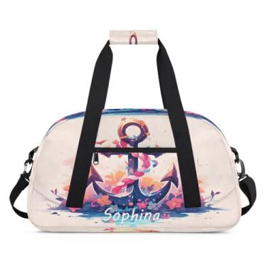 Imagem de Bolsa esportiva personalizada, âncora, flor, rosa, com nome, bolsa de festa do pijama, bolsa de fim de semana, bolsa de treino para dança, balé, academia, ginástica, mala, viagem, presente