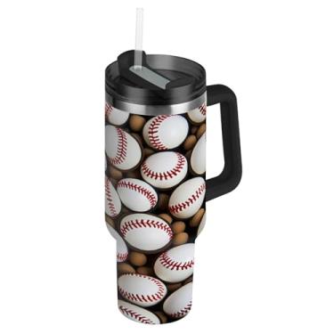 Imagem de Blueangle Copo padrão de bolas de beisebol de 850 g com alça e tampa de palha, caneca de viagem de aço inoxidável isolada a vácuo de parede dupla, garrafa de água reutilizável para academia de