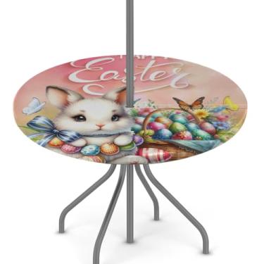 Imagem de hongjinglin Toalha de mesa de Páscoa para uso ao ar livre com orifício para guarda-chuva, toalha de mesa redonda elástica com zíper, impermeável, limpável, para piquenique, festa, pátio, serve para